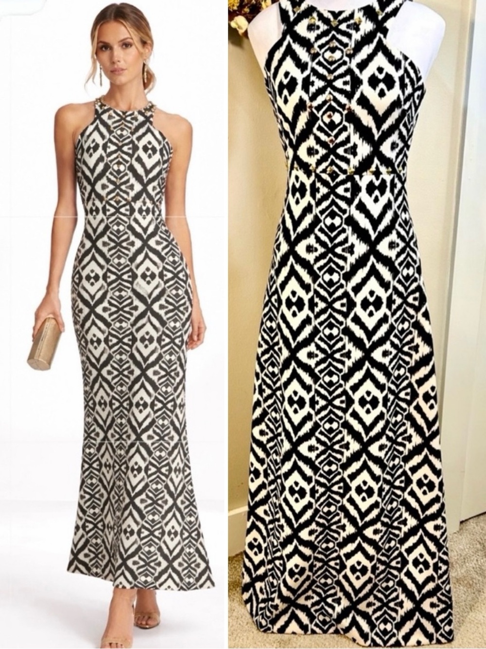 BELLE BADGLEY MISCHKA Ikat Studded Halter Sheath Maxi Dress Sz 2💛